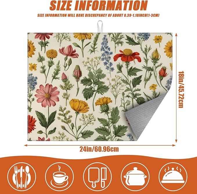 Spring Wild Flower Dish Drying Mat for Kitchen Counter Microfiber Absorbent Dish Kitchen Drying Mat Draining Reusable Washable for Dishes/Utensils/Counterto