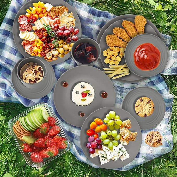 Wrova 40Pack plates and bowls sets for kitchen - Unbreakable wheat straw dinnerware sets service for 8 - Alternative plastic 40pcs dish sets for picnic,camping and R.V. - (Grey)