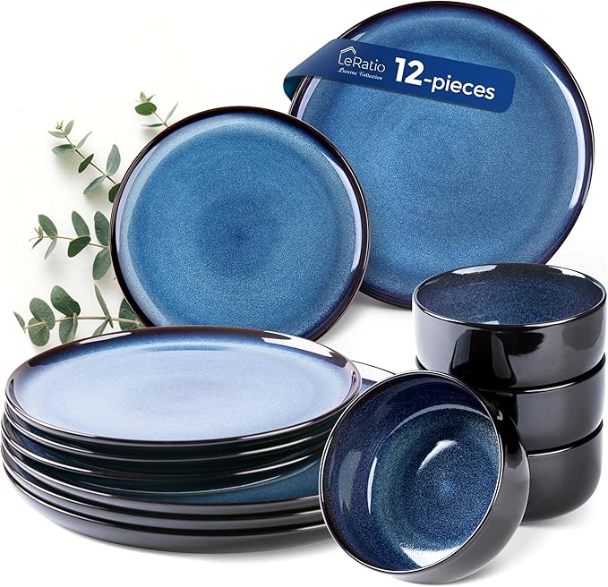 LERATIO Ceramic Dinnerware Sets for 4,12 Pieces Poreclain Plates and Bowls Sets,Scratch Resistant Dishes,Dishwasher & Microwave Safe,Oven Safe Dishes Set,Service for 4 - Blue