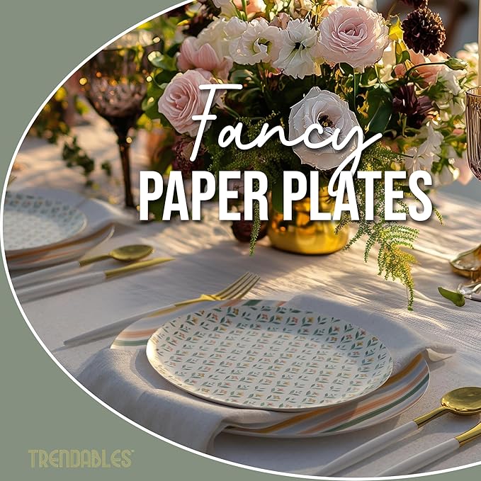 Trendables Heavy Duty Paper Plates Set For 32 Guests - 32 Each Of 8-inch And 10-inch Disposable Plates For Party - Fancy 64 Piece Dinnerware Set For All Occasions | Floral Design, Folk