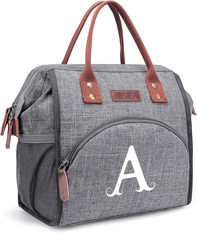 Personalized Lunch Box for Women, Initial Reusable Insulated Lunch Bag, Wide-Open Adult Lunchbox Cooler Lunchbag Snack Organizer, Initial Leakproof Lunch Tote Bag for Picnic Work Outdoors Grey - A