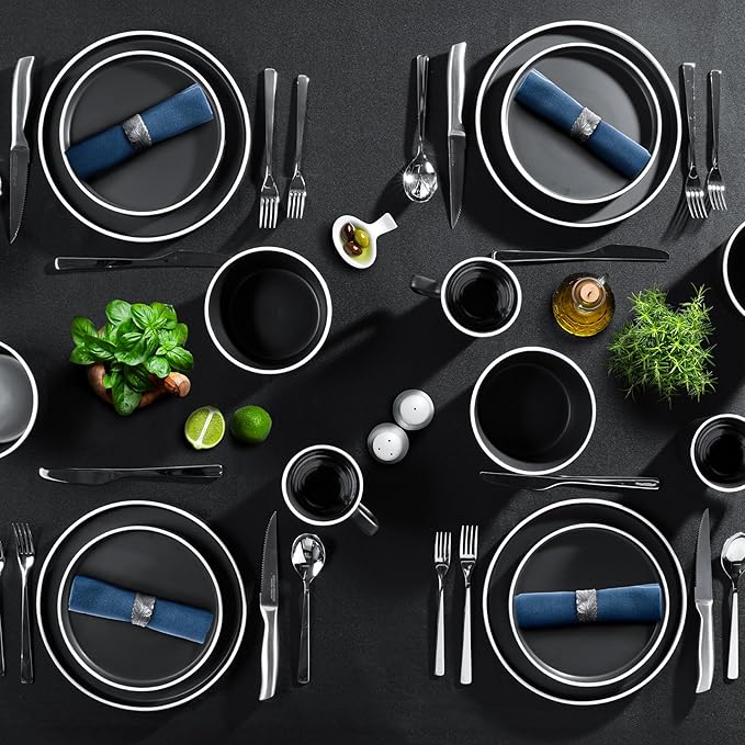 Zulay Kitchen Terra Stoneware Dinnerware Set, Artisanal Ceramic Plates and Bowls Set Crafted at 2300℉ - Service for 4, Black Matte with White Rim