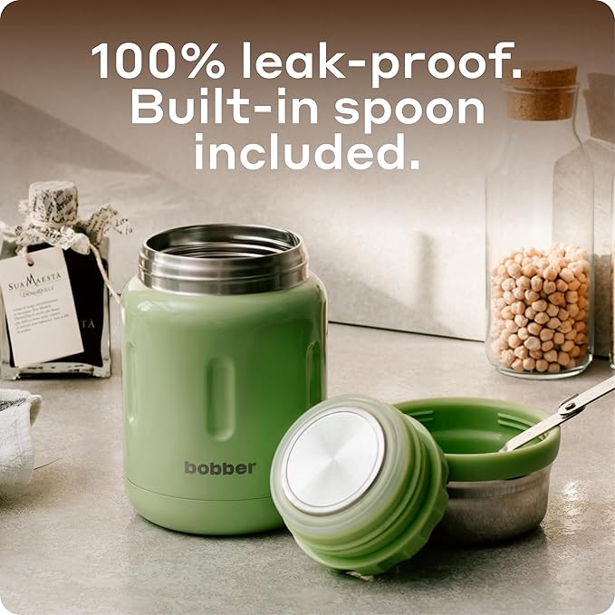 BOBBER 24 oz Insulated Stainless Steel Thermos for Hot Food, Extra-Wide Mouth Soup Container with Spoon and Bowl - Keeps Rice and Pasta Hot for 14 Hours and Salads Cold for 20 Hours (Green)