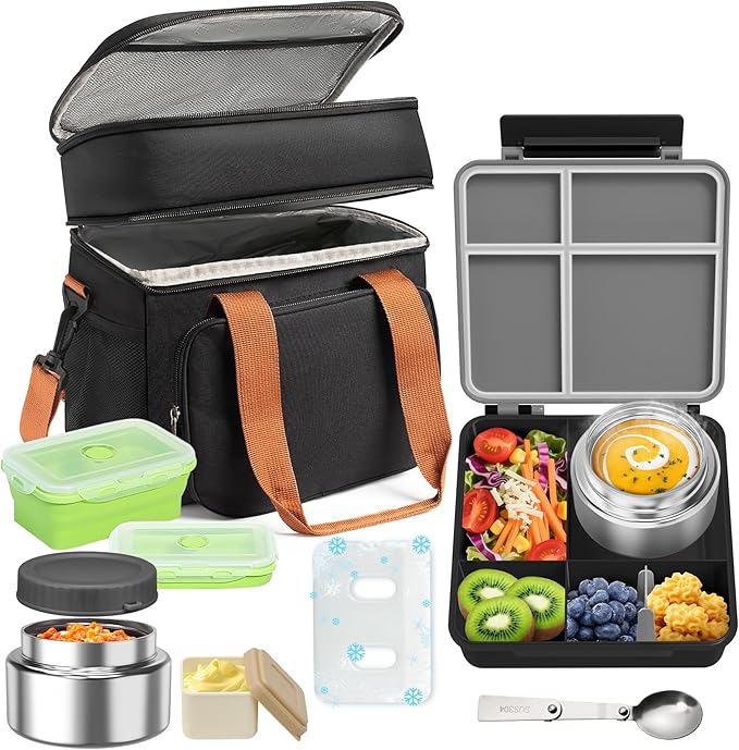 Adult Lunch Box Set Insulated Leakproof Meal Prep Kit with 4-Compartment, Thermo for Hot&Cold Food, Lunchbox Containers for Men&Women, Lunch Cooler Bag with Ice Pack for Work Camping Daytrip(Black)