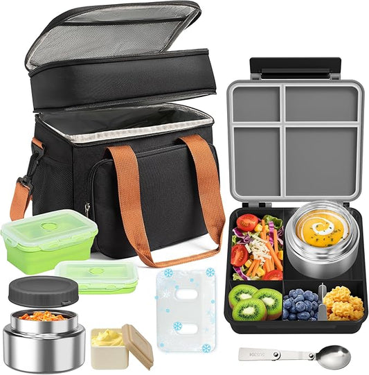 Adult Lunch Box Set Insulated Leakproof Meal Prep Kit with 4-Compartment, Thermo for Hot&Cold Food, Lunchbox Containers for Men&Women, Lunch Cooler Bag with Ice Pack for Work Camping Daytrip(Black)