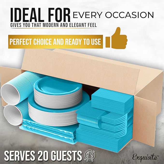 222 Pcs Turquoise Paper Plates and Napkins Sets, Disposable Plates For Party, Lunch & Cocktail Napkins Paper, 18oz Plastic Cups, Cutlery and Turquoise Table cloth Plastic Dinnerware Set