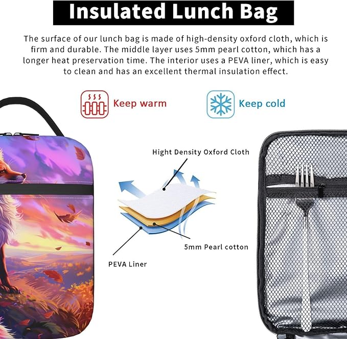 Stunning Sunset Fox Lunch Box for Women Girls Kids, Insulated Cooler Lunch Bag with Fall Leaf for School, Picnic, Office, Travel, Work, Portable Reusable Polyester Thermal Tote Lunch Bags