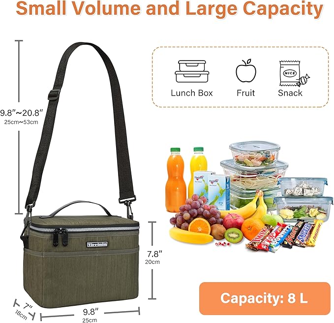 Tirrinia Insulated Lunch Bag for Women Men, Leakproof Lunch Box Containers for Adult, Work, School, Soft Lunchbox for Kids,Boys, Adult Cooler Bag for Picnic Hiking Beach,Olive