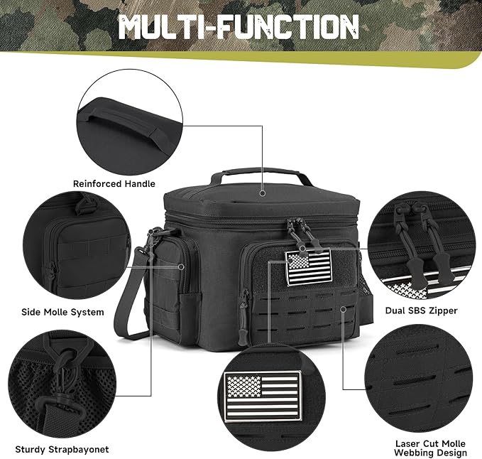 QT&QY Tactical Lunch Bag for mens Military heavy duty lunch box work Leakproof insulated Durable Thermal Cooler Bag for Adult Meal for Office Camping Picnic Pail MOLLE Webbing Black