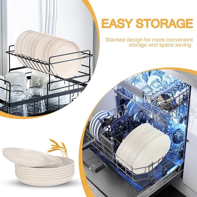 OAMCEG Wheat Straw Plates 12 Pack 9 Inch Unbreakable Plastic Plates Reusable, Dishwasher & Microwave Safe Wheat Straw Dinnerware Sets Kid-Friendly for Kitchen Outdoor Camping Salad, Beige