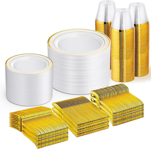 WELLIFE 450 PCS Gold Disposable Dinnerware Set for 75 Guests, 75 Each-Dinner & Salad Plates,Cups, Forks, Knives, Spoons for Wedding and Party Supplies