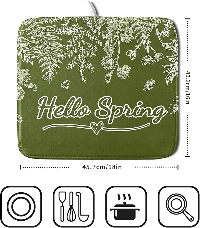Spring Dish Drying Mats 16x18 Inch,Sage Green Leaves Seasonal Absorbent Microfiber Dishes Drainer Rack Mat Fast Dry Drying Pad for Countertop Table Sink Kitchen Decor Accessories