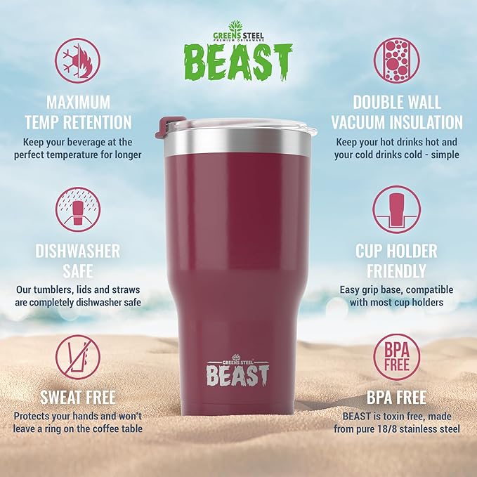 Beast 30 oz Tumbler Stainless Steel Vacuum Insulated Coffee Ice Cup Double Wall Travel Flask (Cranberry Red)