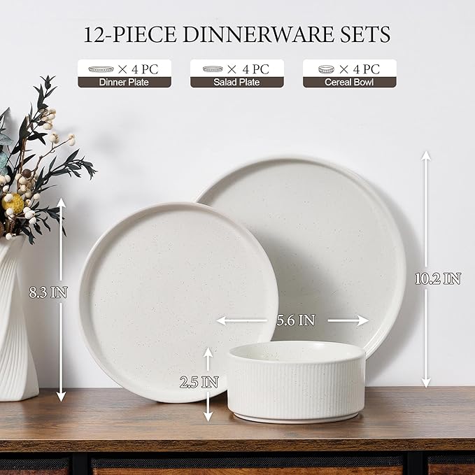 E-far 12-Piece Plates and Bowls Sets, Stoneware Dinnerware Dishes Sets for 4, Kitchen Modern Dining Dishware, Chip & Scratch Resistant, Microwave & Dishwasher Safe, Speckled White