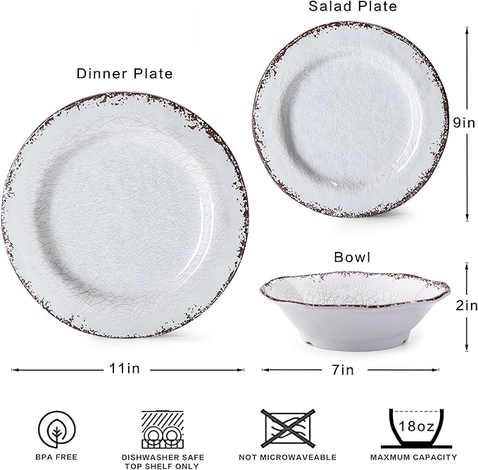 LEHAHA BPA Free Rustic Melamine Plate and Bowl Dinnerware Set Perfect for Indoor Outdoor Dining Party, Camping, 12 Piece Unbreakable Dinnerware Set, Service for 4