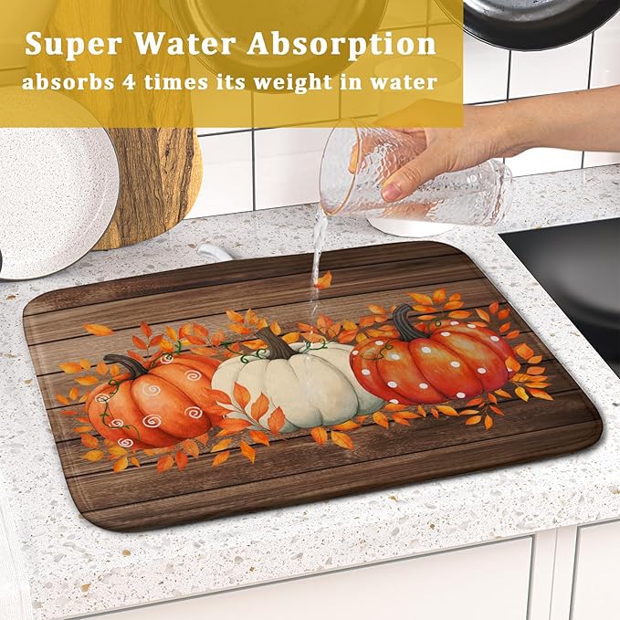 Autumn Pumpkin Dish Drying Mat Rustic Wood Dish Drainer Mats Fast Dry Microfiber Reversible Dish Drying Pad Kitchen Decoration 16x18 inch