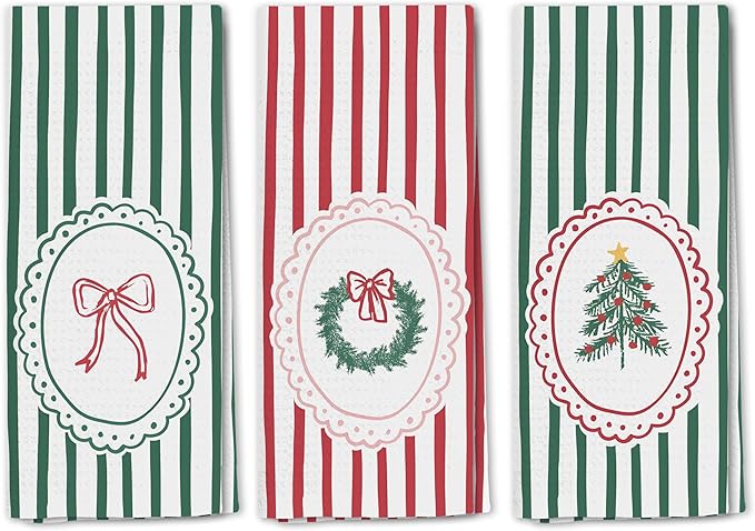 Red and Green Striped Christmas Kitchen Towels Set of 3, Preppy Bow Christmas Dish Tea Towels for Kitchen, Xmas Tree Wreath Decorative Hand Towel for Bathroom, 16x24 Inch