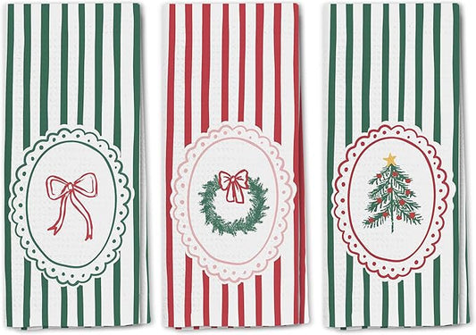 Red and Green Striped Christmas Kitchen Towels Set of 3, Preppy Bow Christmas Dish Tea Towels for Kitchen, Xmas Tree Wreath Decorative Hand Towel for Bathroom, 16x24 Inch