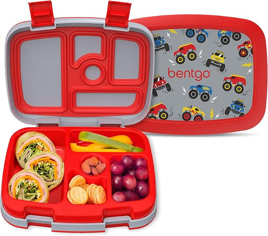Bentgo Kids Prints Leak-Proof, 5-Compartment Bento-Style Kids Lunch Box - Ideal Portion Sizes for Ages 3-7, Durable, Drop-Proof, Dishwasher Safe, & PFAS & BPA-Free Materials (Trucks)