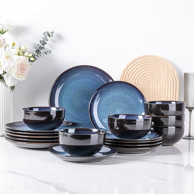 LERATIO Ceramic Dinnerware Sets for 8,Stoneware Plates and Bowls Sets,Handmade Reactive Glaze Dishes Set,Chip Resistant and Scratch Resistant | Oven&Dishwasher & Microwave Safe-Blue(24PCS)