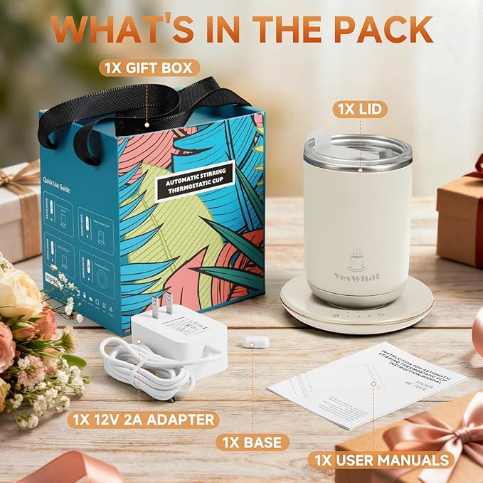 Automatic Self Stirring Coffee Mug with Lid, Smart Temperature Control USB Powered Coffee Milk Cocoa Cup, 11 oz White Stainless Steel Mug Warmer