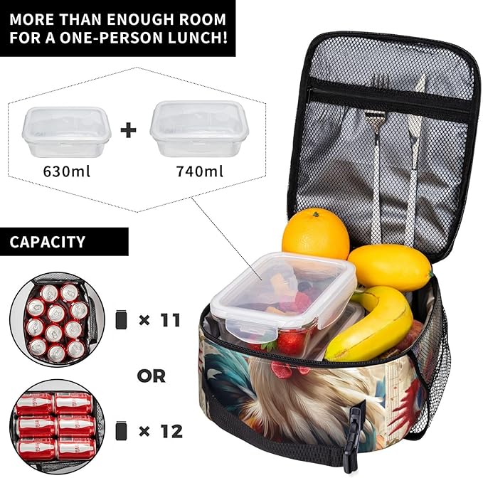 Retro Rooster Print Insulated Lunch Box Gifts for Kids Adults Colorful Farm Chicken and Floral Design Reusable Portable Lunchbox Cooler Lunchbag for Work Picnic School Travel or Hiking