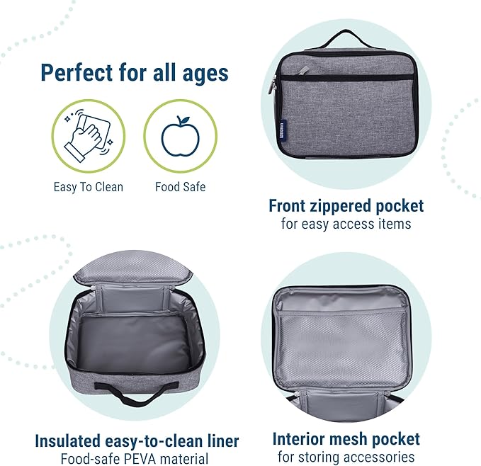 Wildkin Kids Insulated Lunch Box – Durable and Reusable for School & Travel - Grey Tweed
