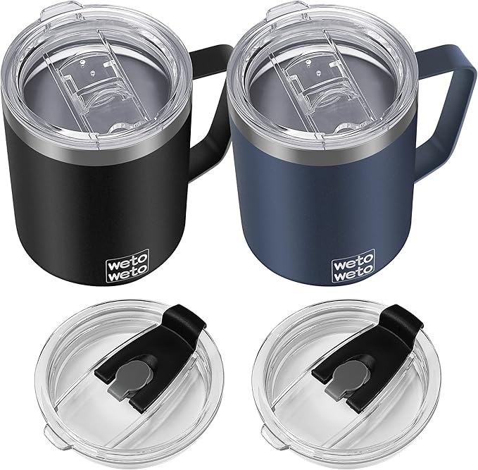 WETOWETO 14 oz Coffee Mug, Vacuum Insulated Camping Mug with Lid, Double Wall Stainless Steel Travel Tumbler Cup, Coffee Mugs Outdoor, Navy Blue & Black 2 Packs