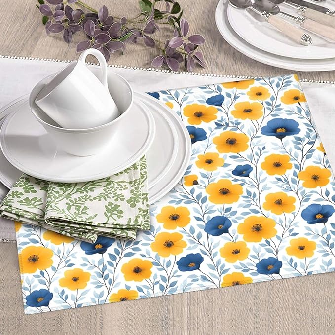 Blue Yellow Floral Dish Drying Mats for Kitchen Counter, 16" x 18" Absorbent Microfiber Drying Pad for Dishes, Decorative Kitchen Mat for Sink & Dining Area, Washable Foldable Reversible, Home Decor