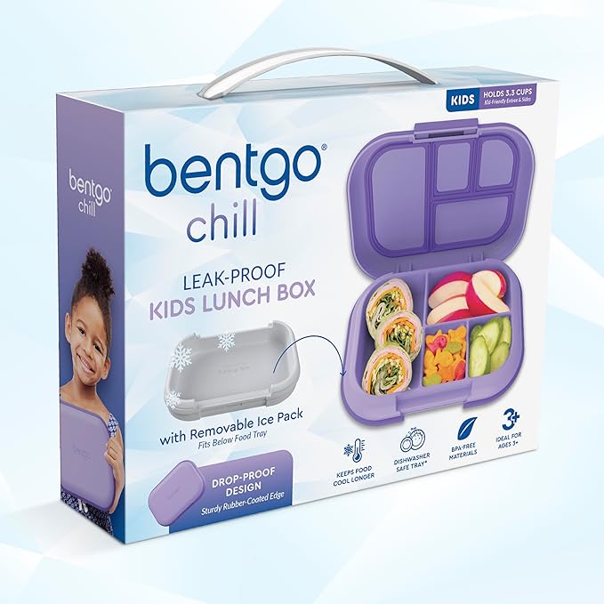 Bentgo Chill Kids Leak-Proof Lunch Box - 4-Compartment Bento Box with Built-In Ice Pack, 3.3 Cup Capacity, PFAS & BPA-Free, Microwave & Dishwasher Safe, Ideal Size for Ages 3 to 7 (Purple)