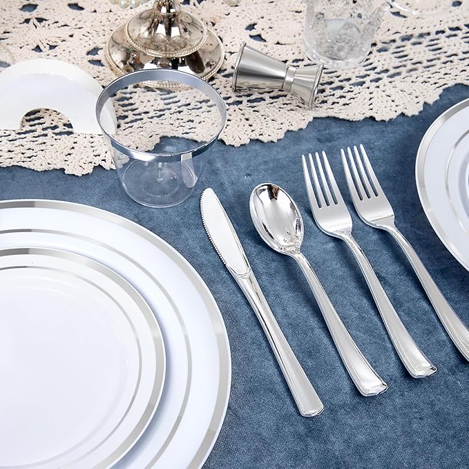 150 PCS Silver Disposable Dinnerware Set for 25 Guests, Silver Plastic Plates for Party, Including 25 Dinner Plates, 25 Salad Plates, 25 Cups, 25 Forks Knives Spoons for Wedding and Party Supplies