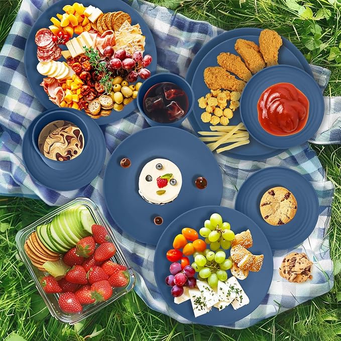 Wrova 40Pack plates and bowls sets for kids - Unbreakable wheat straw dinnerware sets service for 8 - Alternative plastic 40pcs dishes for kitchen, camping and indoors dinning - (Blue)