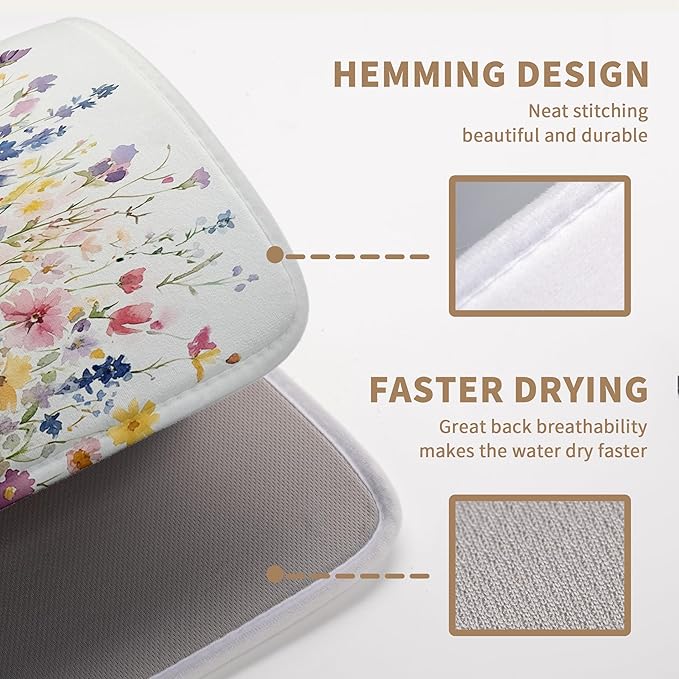 Spring Floral Dish Drying Mat for Kitchen Counter Summer Colorful Flower Kitchen Dishes Dryer Pad Absorbent Matt Microfiber Washable Foldable Reusable Large 18x24 in