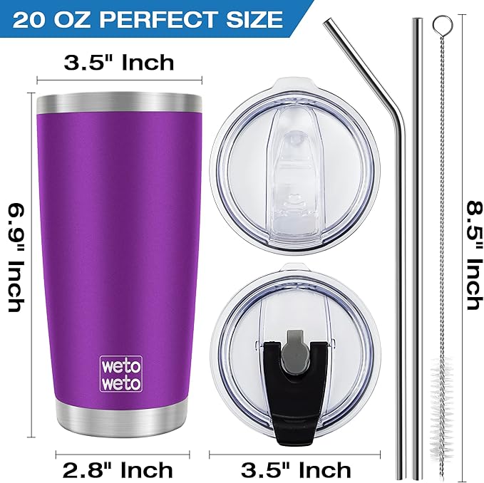 WETOWETO 20oz Tumbler with 2 lids and 2 straws, Stainless Steel Vacuum Insulated Water Coffee Tumbler Cup, Double Wall Powder Coated Spill-Proof Travel Mug Thermal Cup (Purple, 1 Pack)