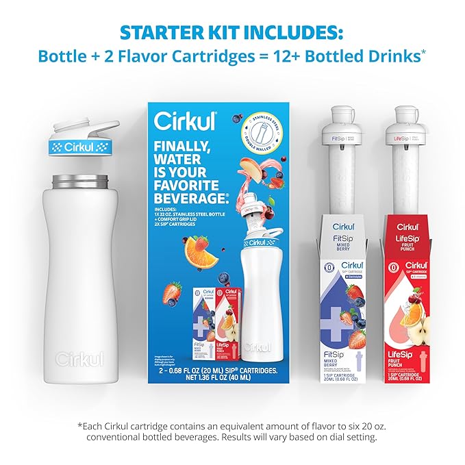 Cirkul 22oz. White Stainless Steel Water Bottle Starter Kit with Blue Lid, 2 Flavor Cartridges (1 LifeSip Fruit Punch and 1 FitSip Mixed Berry) No Sugar, Zero Calorie Drink Mix
