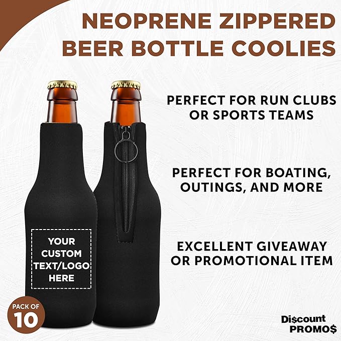 10 Neoprene Zippered Beer Bottle Coolies Pack - Customizable Text, Logo - Sharkskin Rubber Bottom - Black