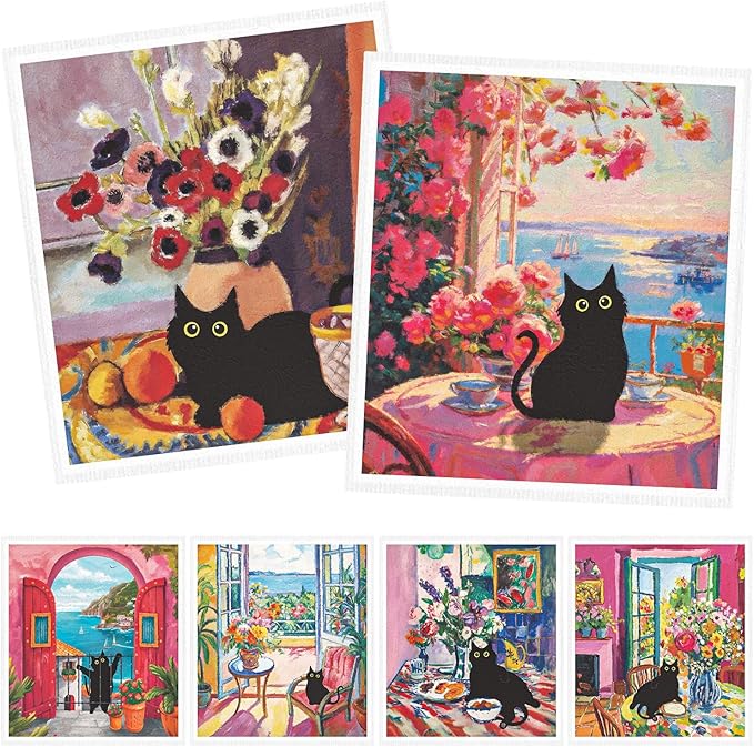 Black Cat Swedish Cloths - 6PCS Oil Painting Black Cat Swedish Dishcloths for Kitchen, Kitten Reusable Dish Towels for Washing Dishes, Washable Cleaning Sponge Gifts Quick Drying