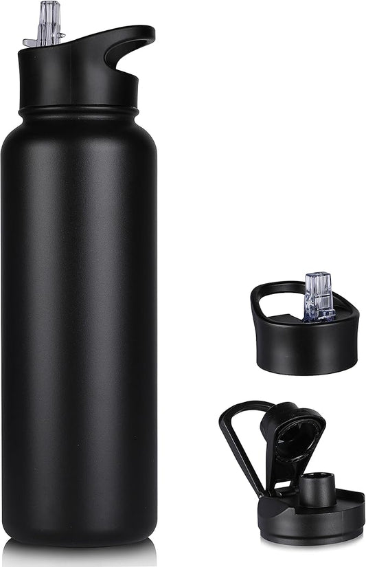 40 oz Insulated Water Bottle with Straw, Stainless Steel Sports Water Bottles with 2 Lids (Straw and Wide Mouth lid), Double Wall Vacuum, Leakproof, BPA-Free, Black