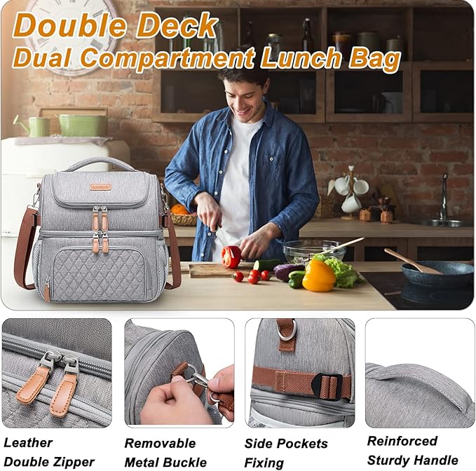 Artelaris Lunch Bag for Men Women, Large Double Deck Lunch Box Tote for Work, Dual Compartment Insulated Leakproof Lunchbox Cooler for Adult with Shoulder Strap & Side Pocket for Picnic Hiking Outdoor