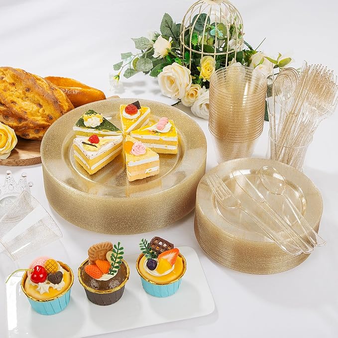 WELLIFE 600 PCS Gold Glitter Disposable Dinnerware Set for 100 Guests, Plastic Plates for Party, Including 100 Dinner Plates, 100 Salad Plates,Cups,Silverware Set for Wedding and Party Supplies