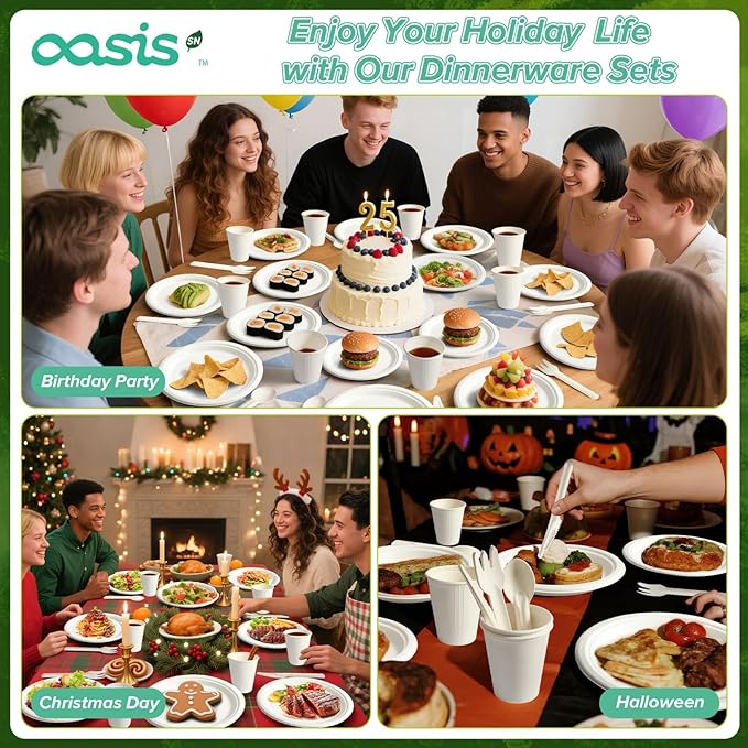 300PCS Disposable Paper Dinnerware Set for 50 Guests, Compostable 50 6“ Dessert Plates, 50 9” Plates, 50 Spoons, 50 Forks, 50 Knives and 50 Napkins, Perfect for Gatherings, Parties (White)