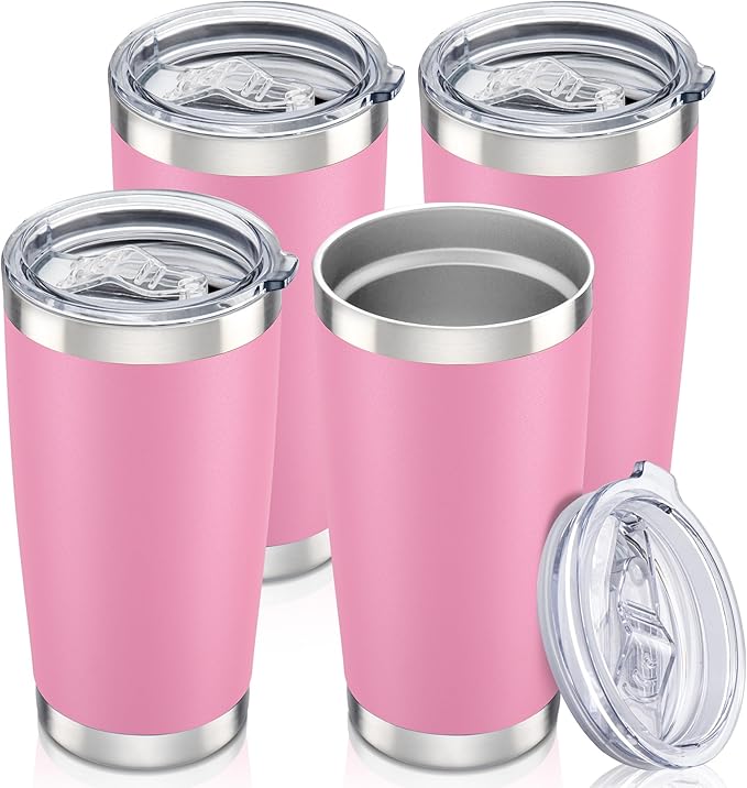 20 oz Tumbler with Lid Stainless Steel Insulated Tumblers Bulk Double Wall Vacuum Cups Powder Coated Travel Mug Keep Drinks Cold and Hot, Pink, 4 Pack