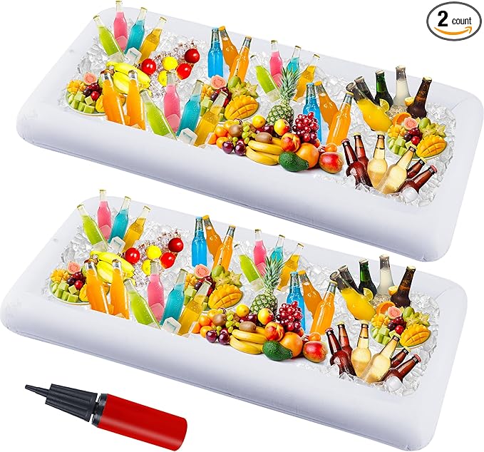 2 Packs Inflatable Ice Serving Trays, 51"x25"x4.5" Oversized PVC Inflatable Salad Serving Bars Ice Cooler with Drain Plug, Blow Up Food Drink Chilling Container for Buffet BBQ Pool Parties