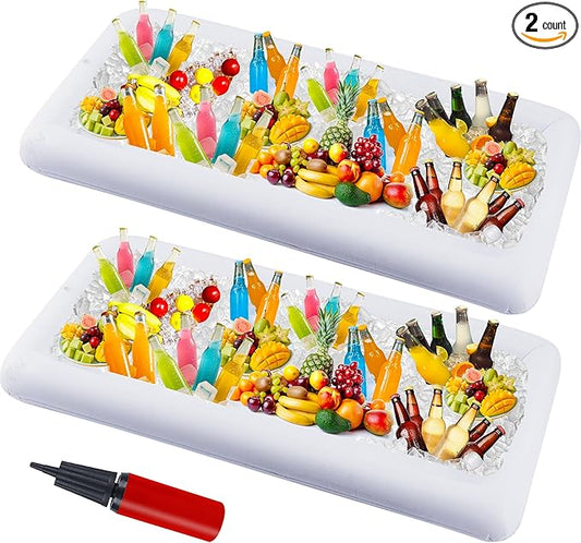 2 Packs Inflatable Ice Serving Trays, 51"x25"x4.5" Oversized PVC Inflatable Salad Serving Bars Ice Cooler with Drain Plug, Blow Up Food Drink Chilling Container for Buffet BBQ Pool Parties