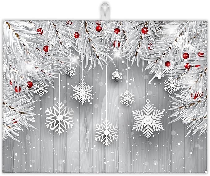Snowflakes Dish Drying Rack Mats Decor,Christmas Silver Tree Branch Dish Pad Drying Mat Kitchen Counter 18x24 Inch Absorbent Reversible Microfiber for Coffee Bar Sink Countertop