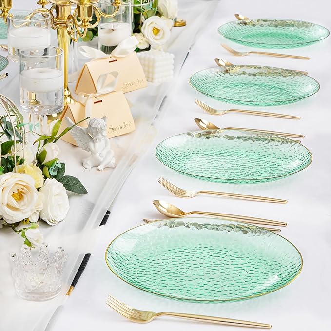 Rubtlamp 60 Pieces Green Gold Plastic Plates - 10 inch Green Plastic Dinner Plates - Hammer Pattern Design - Fancy Disposable Plates Ideal for Wedding & Party