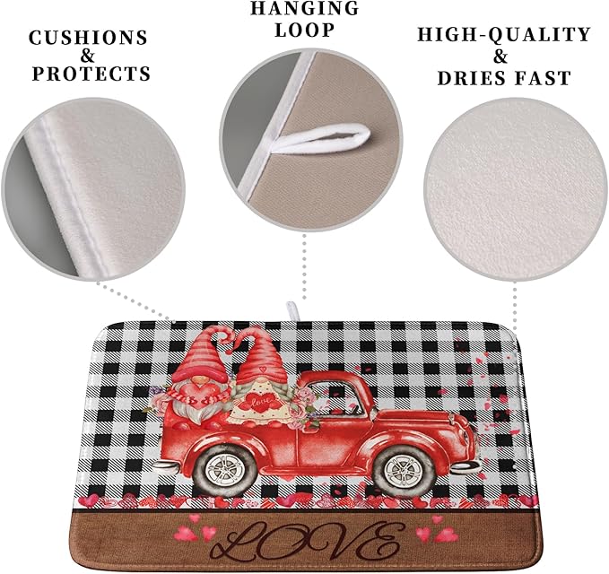 Valentine's Day Dish Drying Mats for Kitchen Counter, Buffalo Plaid Truck Kitchen Drying Mat, Love Heart Gnome Absorbent Dishes Pad 18 x 24 Inch - Farmhouse Decor Valentines Gift