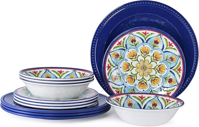 Melamine Dinnerware Sets, 12Pcs Dishes Set for 4, Plates and Bowls Sets Outdoor Dinnerware, Dishwasher Safe BPA free (Retro Style)