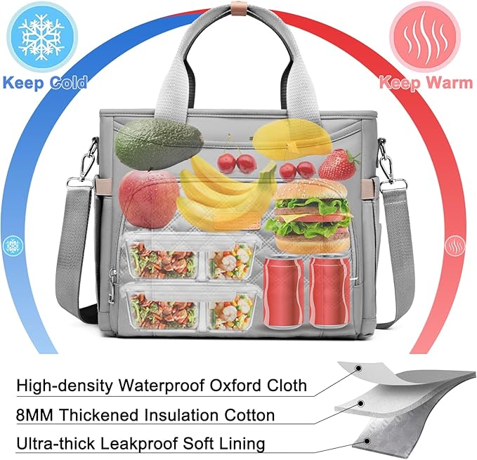 AIJIEKE Insulated Lunch Bag for Men Women, Lunch Box, Lunch Tote for Work, Large Leak Proof Cooler Bag with Removable Strap, Reusable Adult Lunchbag, Picnic, Office, Beach, Grey