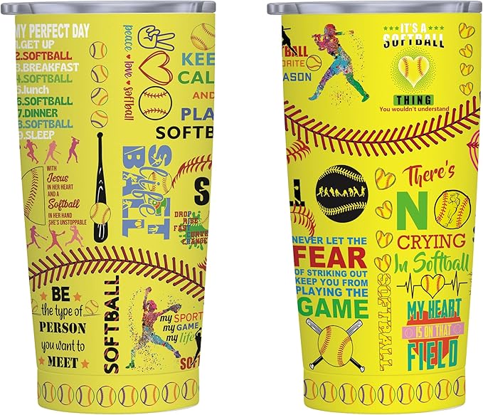 Softball Tumbler Cup With Lid - Lover Birthday Gifts, Stainless Steel Vacuum Coffee Mug for Women Men, 20 Oz